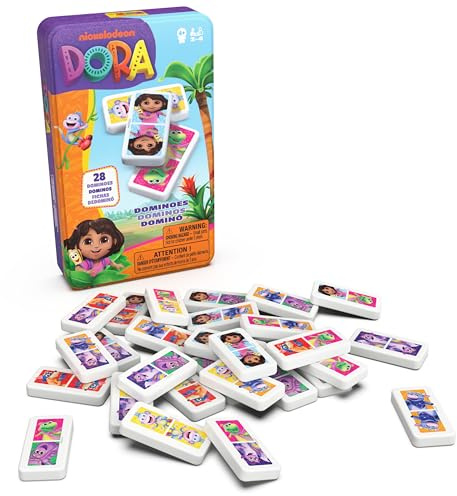 Dora - Boîte Métal 28 Dominos - Personnages Explorateurs - Jeu De Société - Jeu D'Équilibre Patience Raisonnement - Boîte Rangement Et Transport - Jouet Issu du Dessin Animé - Jouet Enfant 4 Ans et +