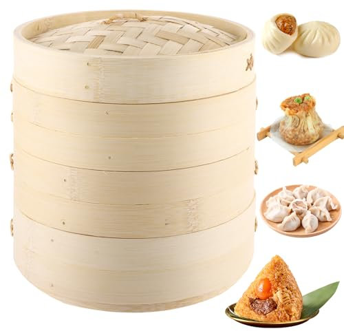 LDXDRU Vaporera de bambú de 3 niveles, 20 cm, cesta de vapor con tapa, cesta de vapor para verduras Dim Sum, bollos bao, carne, pescado