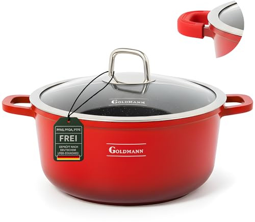 Olla cocina aluminio fundido GOLDMANN, 28 cm - 6.5 L, con revestimiento antiadherente de mármol cerámico, tapa de vidrio, apta para inducción y todo tipo de cocinas, apta para horno y libre de PFOA.