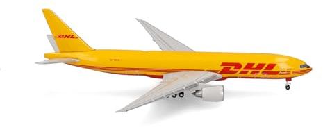 Herpa Modellino aereo DHL Aviation Boeing 777F, miniatura in scala 1:500, pezzo da collezione, modello di aereo senza base, metallo