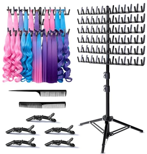 NCOALE Braiding Hair Rack, Hair Extension holder with 144 Pegs Height Adjustable Braiding Rack Removable Wig Stand Head with Tools for Hairstylists and Home Traveling (Black)