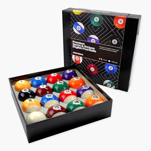 Jonny 8 Ball PREMIUM GRADE 2 Inch (50.8mm) English Pool Balls + 1 7/8 Inch Cue Ball - Perfect for Home Tables and Coin-operated Tables (Spots and Stripes)
