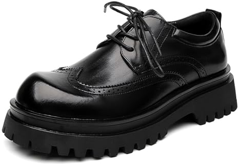Dwihuize Men's Chunky Dress Shoes Platform Lace Up Leather Brogue Oxfords for Business Casual Work,Black,8 UK