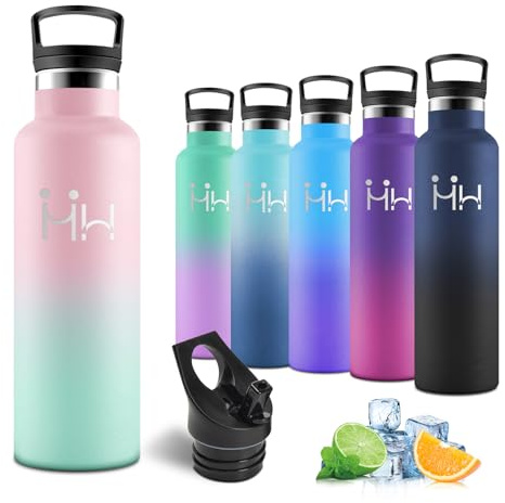 Motswedi Gourde Isotherme 750ml, avec paille, Bouteille Isotherme, 24h Froid & 12h Chaud, Gourde Inox, Thermos, Acier Inoxydable, Bouteille d'eau pour Sport, Gym, Voyage, Rose/vert