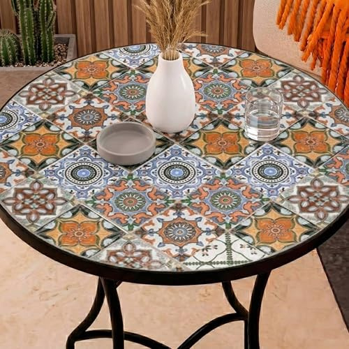Mesa Auxiliar de Patio de Mosaico Redonda - Mesa de Café para Jardín y Terraza con Patas de Hierro Forjado Antióxido, Mesa Pequeña Decorativa para Exterior e Interior, Ø60x71, Modelo Notre Dame