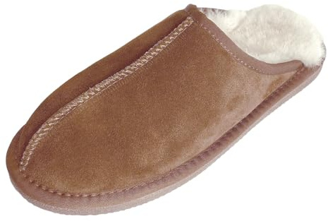 Sheepskin World Pantoufles en peau de mouton pour homme avec semelle rigide légère et noire, pointure 42, châtaigne, 42 1/3 EU