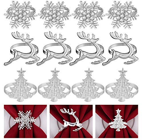 FEPITO 12 Pcs Christmas Napkin Rings Set - Trees, Elk, Snowflake Holders for Winter Holidays
