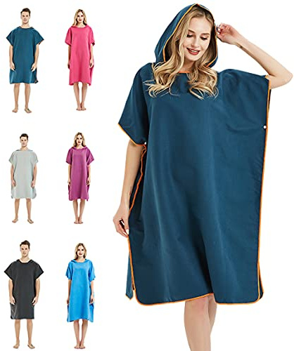 Byte av rock handduk med huva för surfing öppet vatten simning mikrofiber våtdräktsbyte, snabbtorkande och lätt, en storlek passar alla (marinblå)