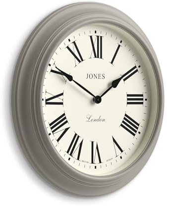 Jones Clocks® Supper Club wall clock | Large classic round clock | 40cm | Mid grey | Roman numerals | Traditional design ideal for kitchen or living room