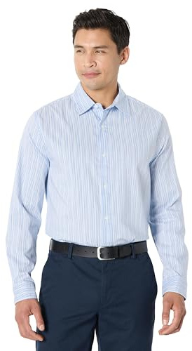 Amazon Essentials Men's Regular Fit Long Sleeve Wrinkle Resistant Stretch Dress Shirt, Blue White Pinstripe, Medium