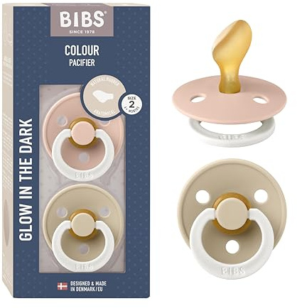 BIBS Colour Anatomical Glow Dummies 2-Pack, BPA Free Dummy Pacifier, Orthodontic Nipple. Natural Rubber Latex, Made in Denmark, 6-18 Months (Pack of 2), Blush Glow/Vanilla Glow