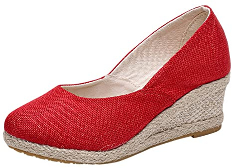 Women's Wedge Heel Espadrilles Straw Sandals Single Shoes Front Closed Sandals Thick Soles Elegant Wedge Sandals Embroidery Casual Wedge Sandals Loafers Canvas Wedge Trekking Sandals, red, 38 EU