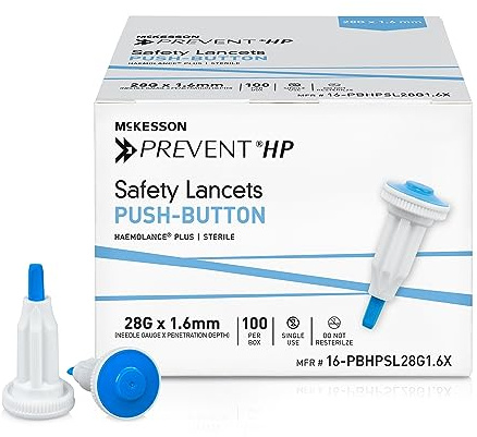 McKesson Prevent HP Sterile Push Button Safety Lancets, 28G x 1.6 mm Depth [100 Count] - Auto Retracting Blood Glucose Testing Lancets, Single Use, Blue