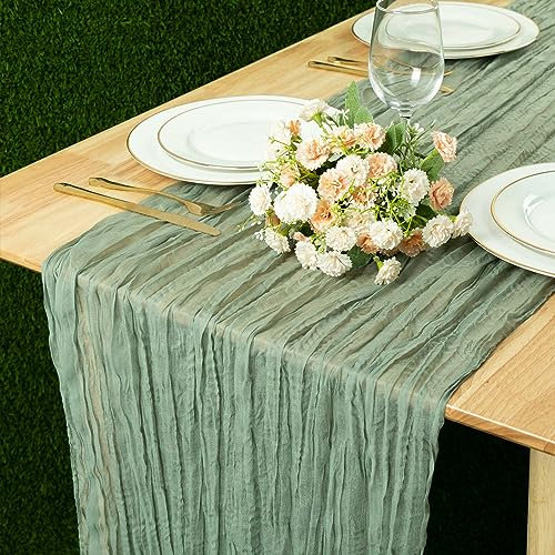 Kesfey Chemin de table en étamine, style bohème, pour mariage, décorations festives et grandes fêtes (90 x 400 cm) - Vert sauge