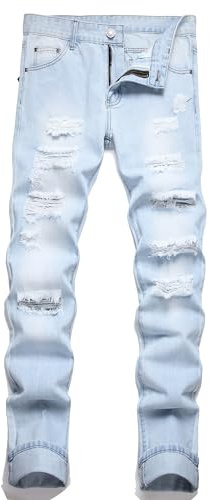 Liuhond Slitna stentvättade jeans med revor och rak passform för män, 50