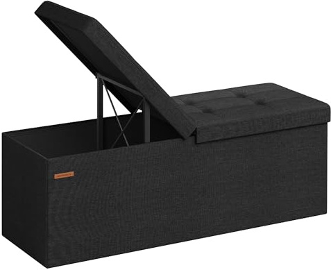 SONGMICS Bänk med förvaringsutrymme, hopfällbar bagageutrymme, förvaringslåda, 38 x 110 x 38 cm, vikbart lock, lastkapacitet upp till 300 kg, för hall, vardagsrum, sovrum, svart LSF076B01 | Fotpall, stegpall, 300 kg bärförmåga, bläcksvart, MINOTA Collection LSF076B01