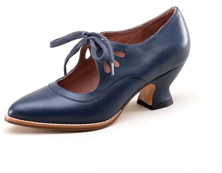 Escarpins à gros talon chaton vintage en cuir à lacets pour femme, tendance, habillé, décontracté, confortable, fermé, bout pointu, bleu marine, 38 EU