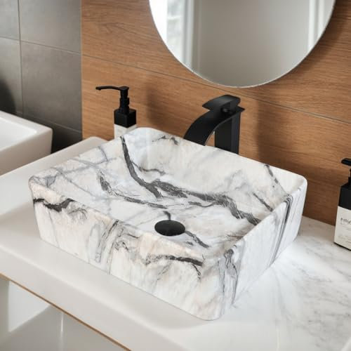 Lonuebu Bathroom 19X15 Vessel Sink,Ceramic Vessel Sink with Faucet and Drain Combo Rectangular Small Sink Marble Vanity Sinks for Bathrooms Above Counter
