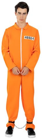 Funidelia Disfraz de Convicto Naranja para Hombre con esposas, Mono de Preso para Adulto Prisionero Delincuente, Disfraces de Carnaval, Halloween y Despedidas – Talla S - M