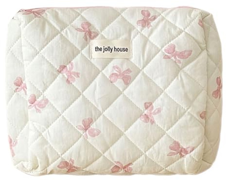 AMZLORD Trousse de maquillage de avec joli nœud et fermeture éclair, sac de rangement en coton matelassé pour cosmétiques, organisateur pour femme