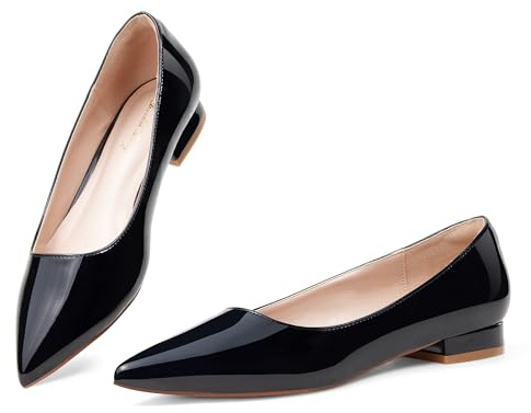 Zhabtuc Women's Pointed Toe Slip-On Flats, Black Patent, 4.5 UK
