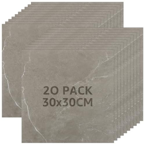 SHUESS 20 Stück PVC Bodenbelag Selbstklebend, 30cm x 30cm Vinylboden Selbstklebend Rutschfest, PVC Bodenbelag Bodenfliesen Selbstklebend für Schlafzimmer Küche Wohnzimmer, Dunkelgrau