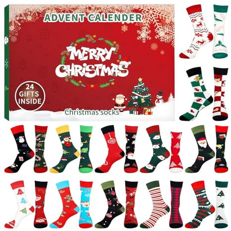 24 Paare Socken Adventskalender 2024 für Damen Herren Frauen Männer, Lustig Weihnachten Socken Adventskalender mit 24 kuschelsocken, Adventskalender-Socken, Adventskalender mit Socken, Einheitsgröße