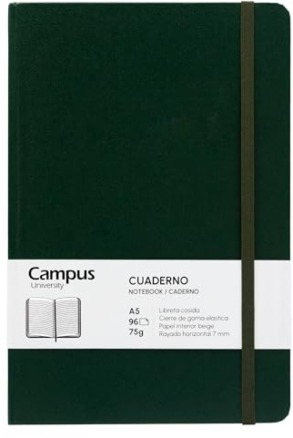 Campus - Carnet de Notes A5, Bullet Journal Feuilles Lignes, Carnet Vert Foncé Couverture Rigide, 96 Feuilles 75g, Fermeture Élastique, Pochette et Marque-Page (A5, Lignes Horizontales, Vert Foncé)