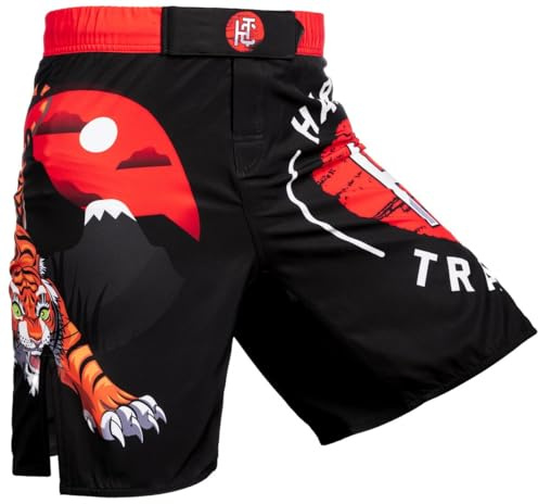 Hardcore Training Japan Tiger Fight Shorts Hombre Pantalones Cortos MMA BJJ Boxeo Grappling Fitness No Gi (FR/ES, Letras, XL, Regular, Regular, Red Black Orange)