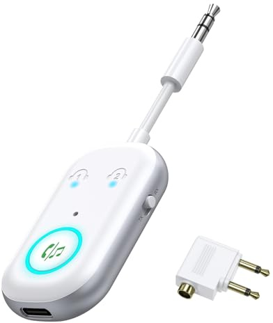 Bluetooth 5.3 till 2 hörlurar med låg lantency, 2 i 1, Bluetooth-sändare, 3,5 mm jackmottagare för TV, stereo, headset, bilradiosystem, extra adapter för TV och flygplan