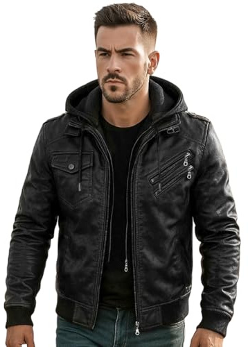 Men's Real Leather Jacket With Removable Hood Bomber Genuine Sheep Brown Leather Coat (UK, Alpha, XL, Regular, Regular, Black)