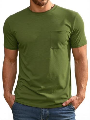 Runcati Maglietta estiva da uomo a maniche corte, girocollo, vestibilità regolare, maglietta funzionale da uomo, canottiera basic tinta unita, casual, da palestra, sportiva, con tasca sul petto, Verde