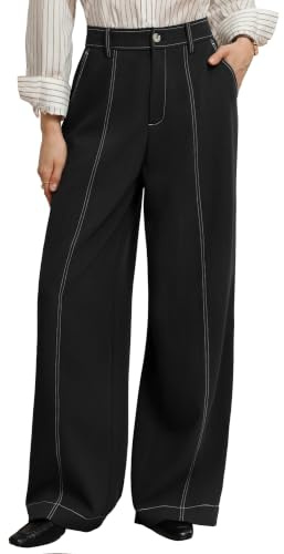 GRACE KARIN Pantalones de pierna ancha para mujer, pantalones elegantes con bolsillos y costuras en contraste, cintura elástica