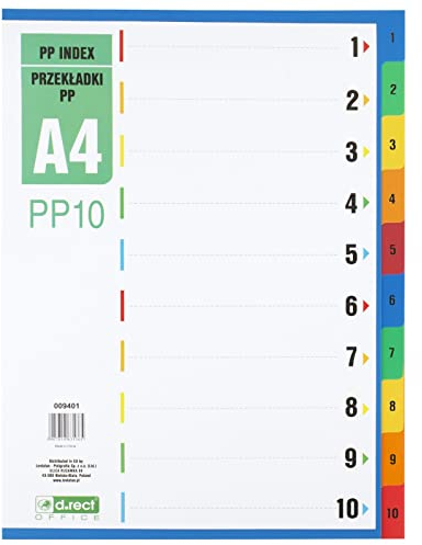 D.RECT Register für A4, PP10, 10 Trennblätter, Ringbuchregister, Taben mit Zahlenaufdruck 1-10, Mehrfarbig, Farb-Trenner aus PP, Polypropylen