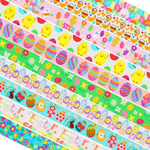 Pasqua Nastri per Regalo Involucro 20 Metri (10 x 2 m), Nastri Variopinti Rotolo di Pasqua per Fiocco Artigianali Fai-Da-Te Decorazione, Uovo Coniglietto Pulcino Fiore Carota Farfalla, Larghezza 25mm