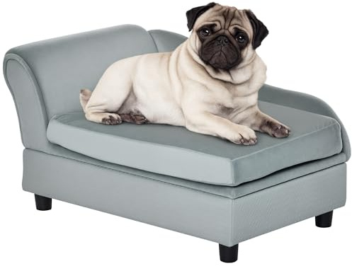 PawHut Canapé Chien Chat sur Pied avec Coffre de Rangement Style Moderne Coussin d'assise Amovible Grand Confort 76 x 45 x 43 cm Gris Clair