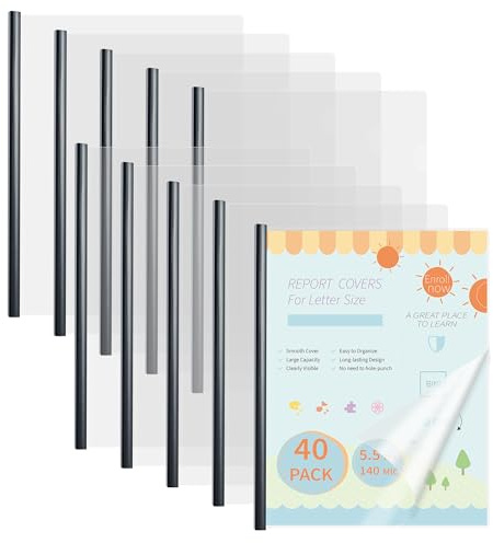 Binditek 40 Pack Clear Report Covers with Black Sliding Bars, 70 Sheet Capacity, 9mm Binding Bars, Letter Size, 5.5 Mil Thick, Black, for Students and Coworkers