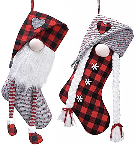 Valery Madelyn 21 Inch Christmas Gnome Stockings Decorations, 2 Pack Fabric Red Gray Tartan Cute Stocking with Name Tag, Valentine Day Gifts for Gnomes Lover and Women