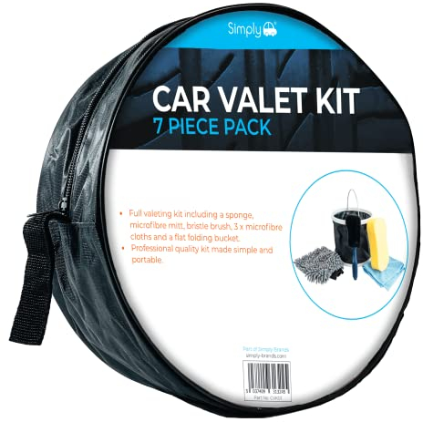 Simply Auto CVK01 Professional 7 Piece Car Valeting Kit - Includes Sponge, Microfibre Mitt, Bristle Brush, 3x Microfibre Cloths and Collapsible Bucket