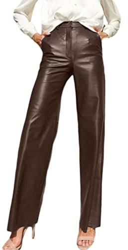 ORANDESIGNE Pantaloni da Donna in Ecopelle Gotica Y7K Vita Alta Finta Pelle Punk E-Girl Streetwear Gamba Larga Marrone S