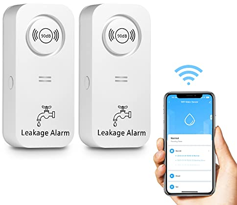 Detector de Agua WiFi (WiFi de 2,4 G), 90 dB con Sensor de Agua y Alarma por aplicación, Alarma de Agua inalámbrica, para tuberías, Dormitorio, Cocina, baño, sótano (2 Unidades)
