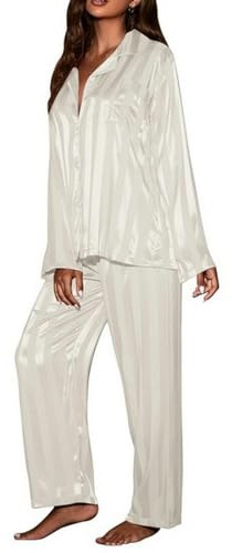 TEidea Pigiama Donna Invernale Set da Pigiama Femminile, Set da Due Pezzi di Pigiama in Raso, Maniche Lunghe E Pantaloni, Abbigliamento Casual E Dimensioni-Bianco-M