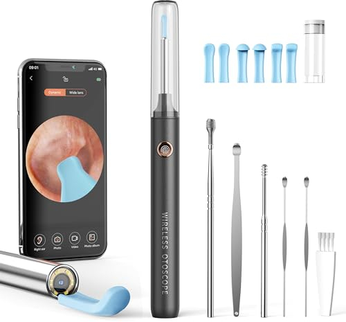 Ohrenschmalz Entferner Otoskop, AOPICK 1080P HD WiFi Ohrreiniger Kamera Wasserdicht, 360°-Weitwinkel Otoskop Kamera mit 6 LEDs für iPhone, iPad und Android-Smartphones-Grau