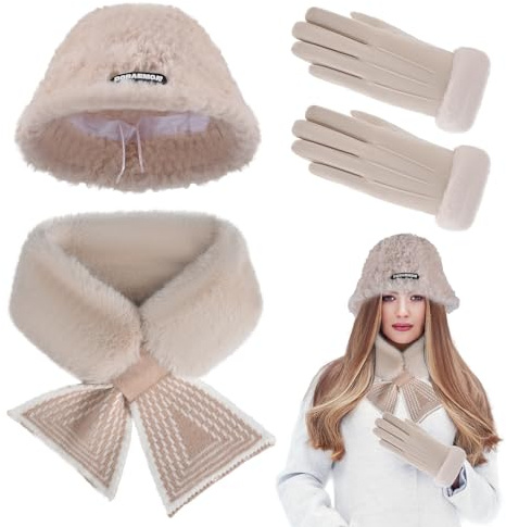 QBilooty Gorro Bufanda Guantes Conjuntos para Mujeres, Guantes de invierno de pantalla táctil, de felpa, espesado, de moda cálido kit de accesorios de regalo para las mujeres