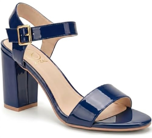 Womens Low Block Heel Sandals Ankle Strap Open Toe Evening Party ladies shoe peep toe (Navy Patent, UK Footwear Size System, Adult, Women, Numeric, Medium, 7)