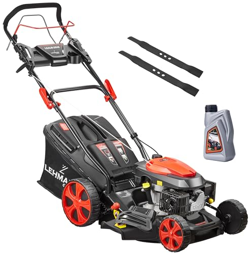 Lehmann LGALM-2646 Benzin Rasenmäher mit Hinterradantrieb, 146 cm3 3,5 PS, 46cm Schnittbreite, Robustes Stahlgehäuse, 7-stufige Schnitthöhenverstellung 25-70 mm, Griff mit Klappfunktion