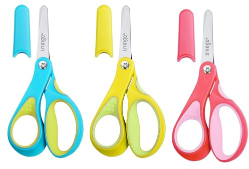 LIVINGO Forbici per mancini per bambini, 12,7 cm, punta smussata, forbici di sicurezza per bambini, bambini piccoli, classi, carta per bricolage, giallo, rosa, blu, 3 pezzi