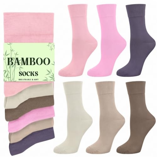 Chalier Cozy Women’s Bamboo Crew Socks 6 Pairs Non Binding UK 4-8 | Soft Fabric Breathable Skin-Friendly Loose Top Daily Wear Holiday Gift for Ladies