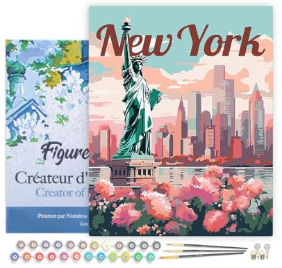 Figured'Art Peinture par Numéro Adulte avec Cadre Affiche de voyage New York en fleurs - Activité Manuelle Kit de Loisir Créatif DIY Numéro d'Art Complet - 40x50cm toile tendue sur châssis