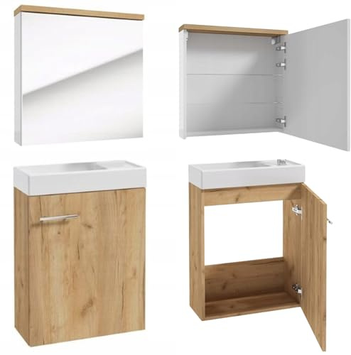 .Deftrans Badrumsskåpsset med Handfat och Spegel - 50 x 70 x 23 cm - Ek - Tvättställsskåp och Spegelskåp